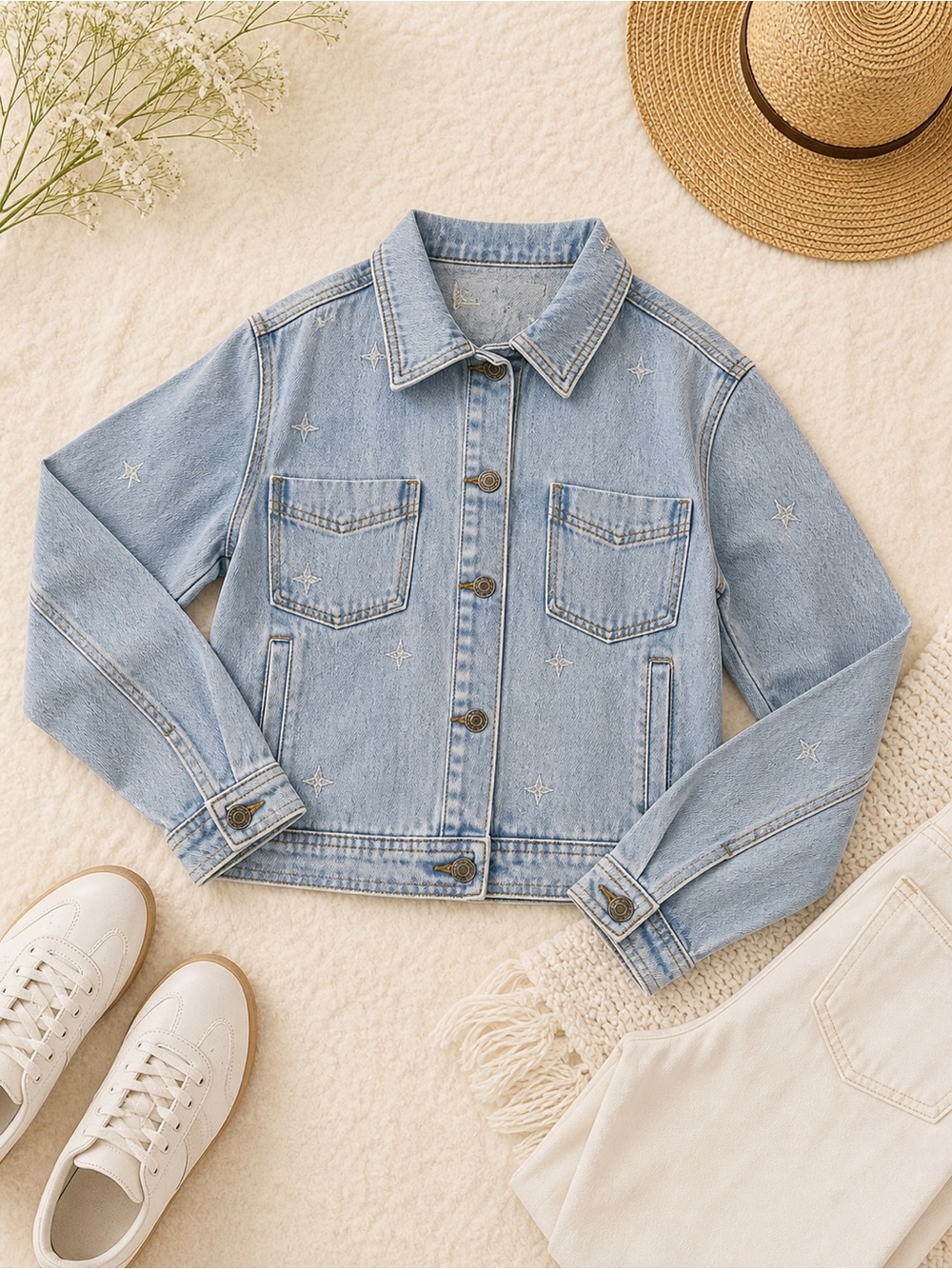 Saltwater Luxe Star Embroidered Cropped Dahlia Denim Jacket Size S NWT